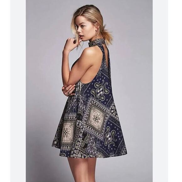 Intimately Free People Beaux Slip Dress Small Blue Bandanna Print Mini Boho - Picture 1 of 12